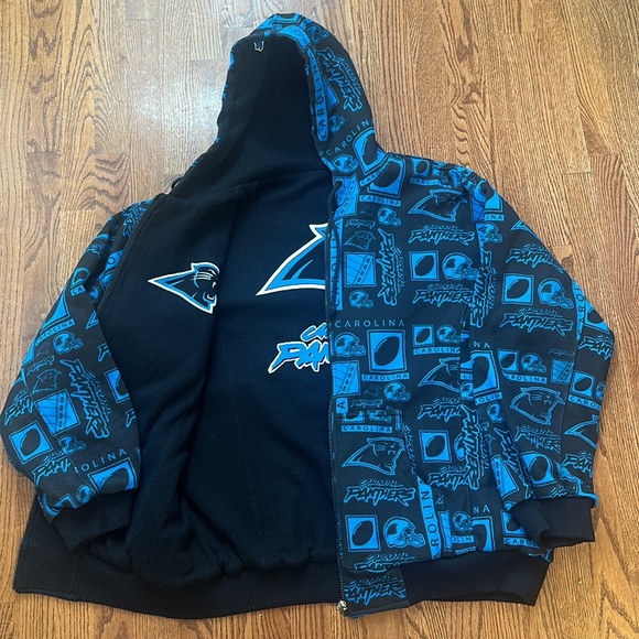 NFL mens XL graffiti art reversible hooded sweatshirt hoodie Carolina Panthers - Picture 2 of 14